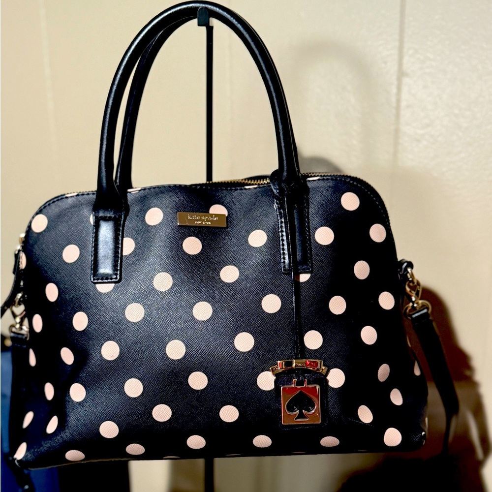 Kate Spade black with soft pink polkadots and gold hardware